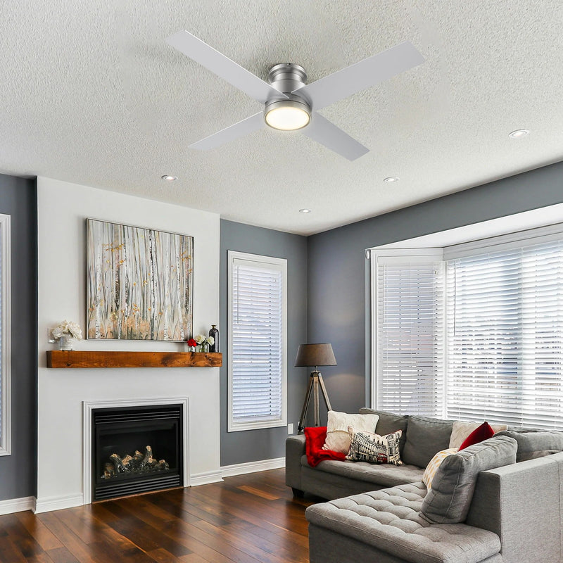 Carro Santana 52in 4-Blade Flush Mount Ceiling Fan | Brushed Nickel Plywood Blades and Brushed Nickel Finish | Low Ceilings & | Model CFR524E5-L12-SJ-1-FM