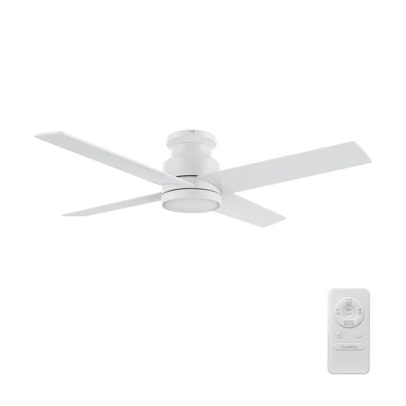 Carro Santana 52in 4-Blade Flush Mount Ceiling Fan | White Plywood Blades | Low Ceiling & Bedroom | 52 x 52 x 11 in | Model CFR524E5-N10-W1-1-FM