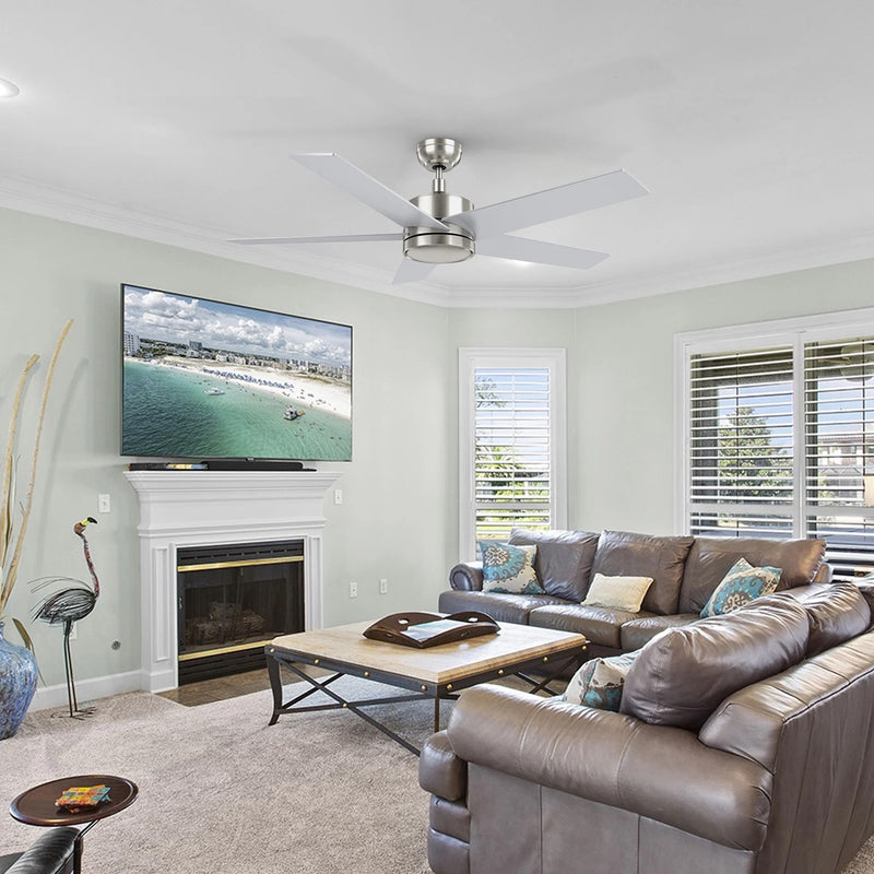 Carro Santana 52in 5-Blade Ceiling Fan | Modern Brushed Nickel Plywood | Living Room & Bedroom | 52 x 52 x 15 in | Model CFR525E5-N10-SJ-1