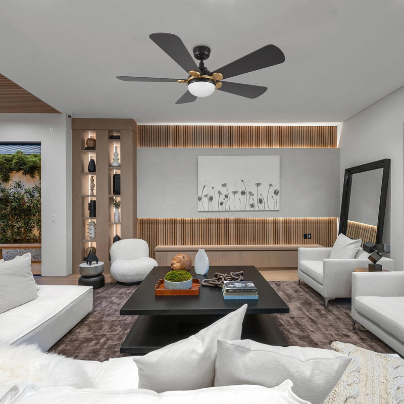 Carro Zelda 52in 5-Blade Ceiling Fan | Soft Modern Black Gold and Plywood | Living Room & Great Room | 52 x 52 x 15.3 in, 4000K | Model CFR525Q4-L11-B2-1G