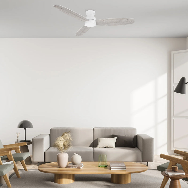 Carro Stanley 60in 3-Blade Flush Mount Ceiling Fan | Modern White and Plywood Blades | Living Room & Bedroom | 60 x 60 x 11 in | Model CFR603Q-N10-WP-1-FM