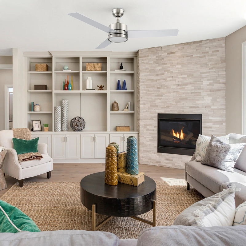 Carro Santana 52in 3-Blade Ceiling Fan | Brushed Nickel Plywood Blades and Integrated LED | Indoor Living Room & Bedroom | 15 x | Model CFW523E5-L12-SJ-1