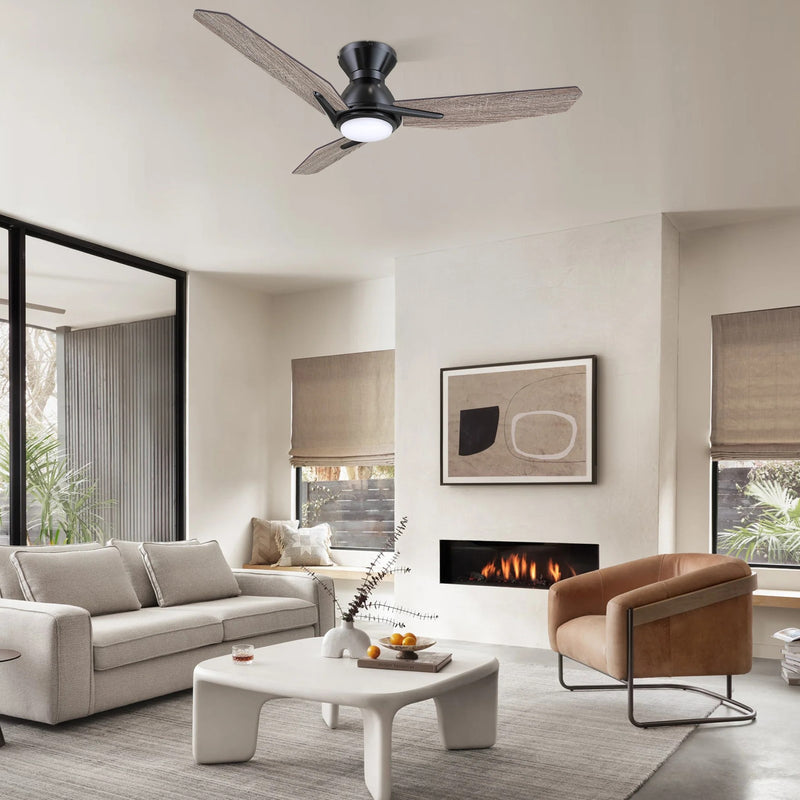 Carro Calen 44in 3-Blade Flush Mount Smart Ceiling Fan | Modern Black Barnwood Plywood Blades | Living Room & Covered Patio | Model SFR443J3-L11-BS-1-FM