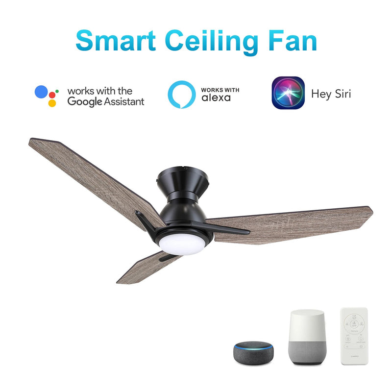 Carro Calen 48in 3-Blade Flush Smart Ceiling Fan | Modern Black Barnwood Plywood and Integrated LED | Living Room & Covered | Model SFR483J3-L11-BS-1-FM