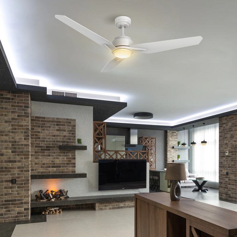 Carro Calen 48in 3-Blade Smart Ceiling Fan | Modern White Plywood Blades | Living Room & Covered Patio | 48 x 48 x 13.2 in, Damp | Model SFR483J3-L11-W1-1