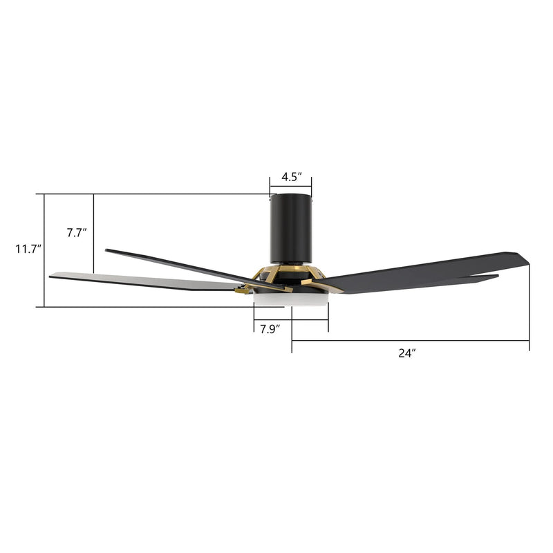 Carro Kaj 48in 5-Blade Flush Smart Ceiling Fan | Modern Black Gold Plywood Blades and Glass Shade | Living Room & Covered | Model SFR485B-L22-B2-1G-FM