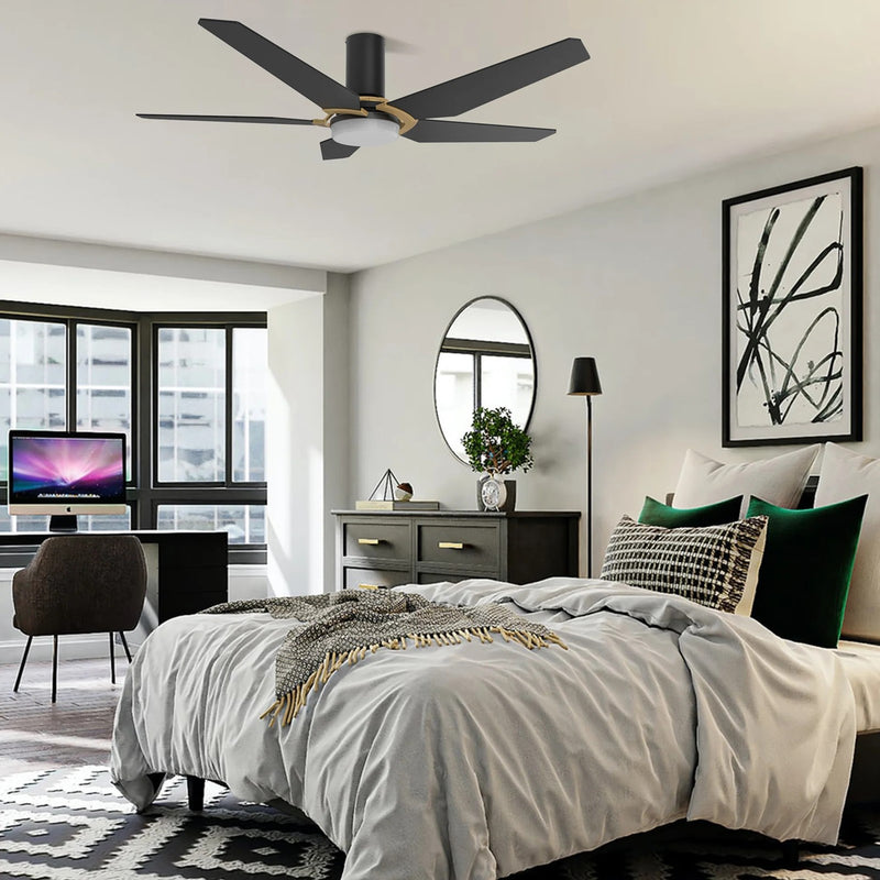 Carro Kaj 48in 5-Blade Flush Smart Ceiling Fan | Modern Black Gold Plywood Blades and Glass Shade | Living Room & Covered | Model SFR485B-L22-B2-1G-FM