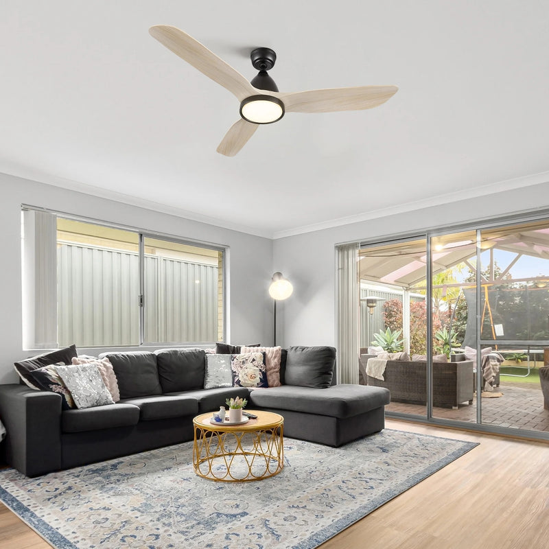Carro Garrick 52in 3-Blade Smart Ceiling Fan | Soft Modern Black Whitewashed Solid Wood Blades | Living Room & Covered Patio | Model SFR523F3-L12-BM1-1