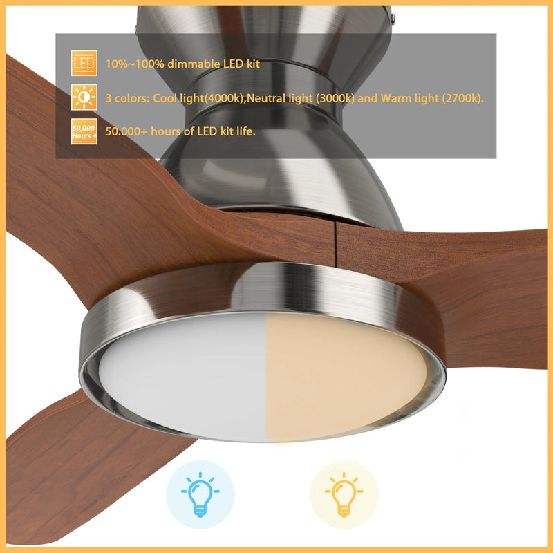 Carro Garrick 52in 3-Blade Flush Mount Smart Ceiling Fan | Soft Modern Brushed Nickel Solid Wood Blades | Living Room & | Model SFR523F3-L12-SM2-1-FM