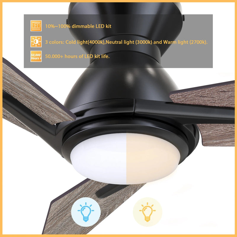 Carro Calen 52in 3-Blade Flush Mount Smart Ceiling Fan | Modern Black Barnwood Plywood Blades | Living Room & Covered Patio | Model SFR523J3-L11-BS-1-FM