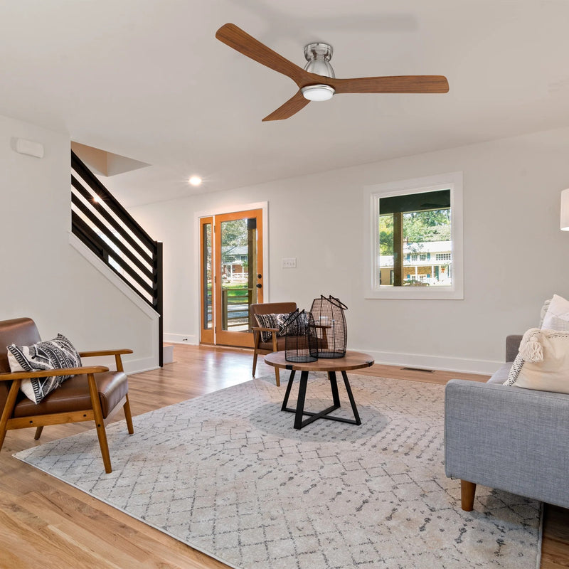 Carro Akron 52in 3-Blade Flush Mount Smart Ceiling Fan | Modern Brushed Silver Solid Wood and Integrated LED | Living Room & | Model SFR523N3-L11-SM2-1-FM
