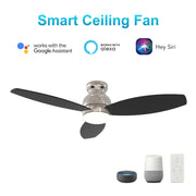 Carro Trento 52in 3-Blade Flush Mount Smart Ceiling Fan | Brushed Nickel Motor and Black Plywood Blades | Indoor & Damp Rated | Model SFR523Q-L12-S2-1-FM