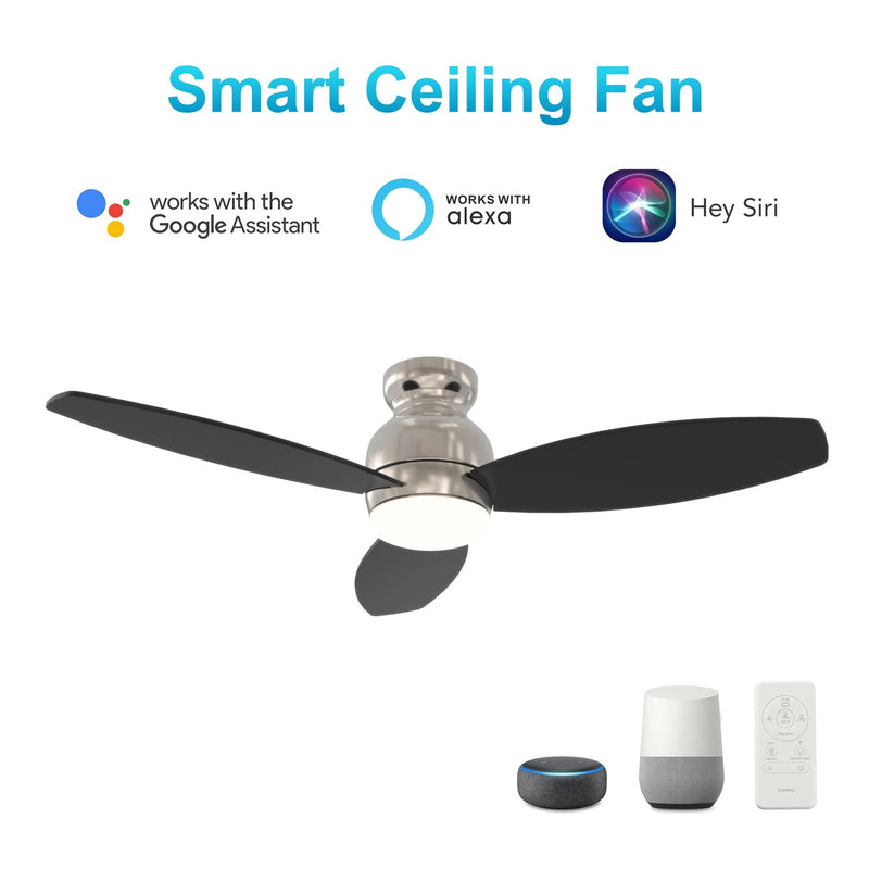 Carro Trento 52in 3-Blade Flush Mount Smart Ceiling Fan | Brushed Nickel Motor and Black Plywood Blades | Indoor & Damp Rated | Model SFR523Q-L12-S2-1-FM