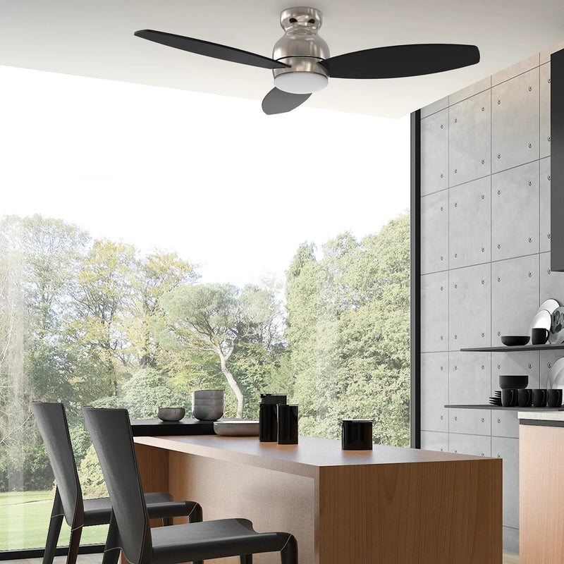 Carro Trento 52in 3-Blade Flush Mount Smart Ceiling Fan | Brushed Nickel Motor and Black Plywood Blades | Indoor & Damp Rated | Model SFR523Q-L12-S2-1-FM
