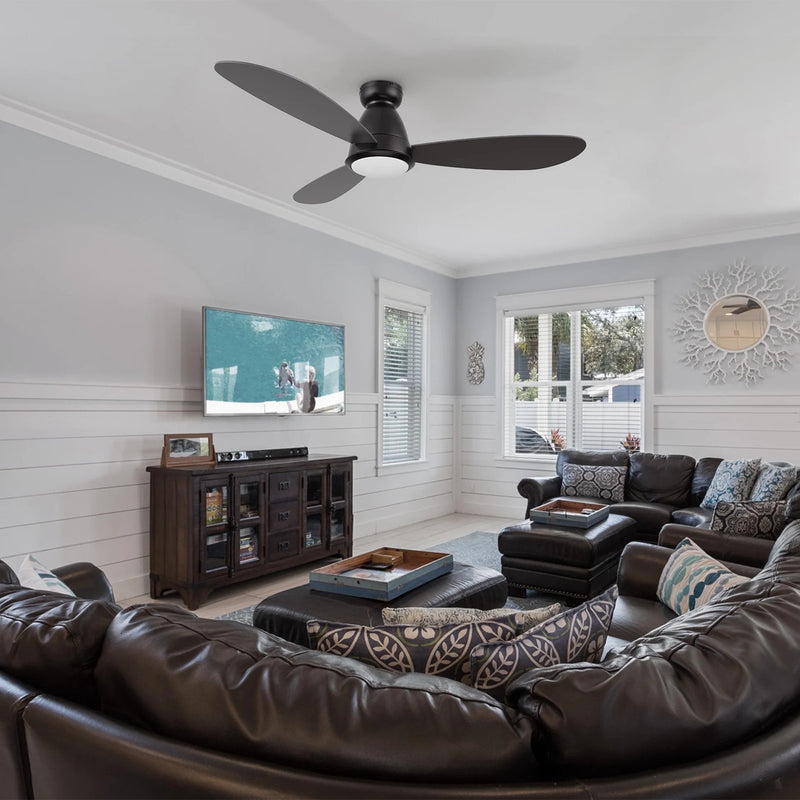 Carro York 52in 3-Blade Flush Mount Smart Ceiling Fan | Modern Black and Plywood | Large Living Room & Covered Patio | 52 x | Model SFR523Q7-L12-B2-1-FM