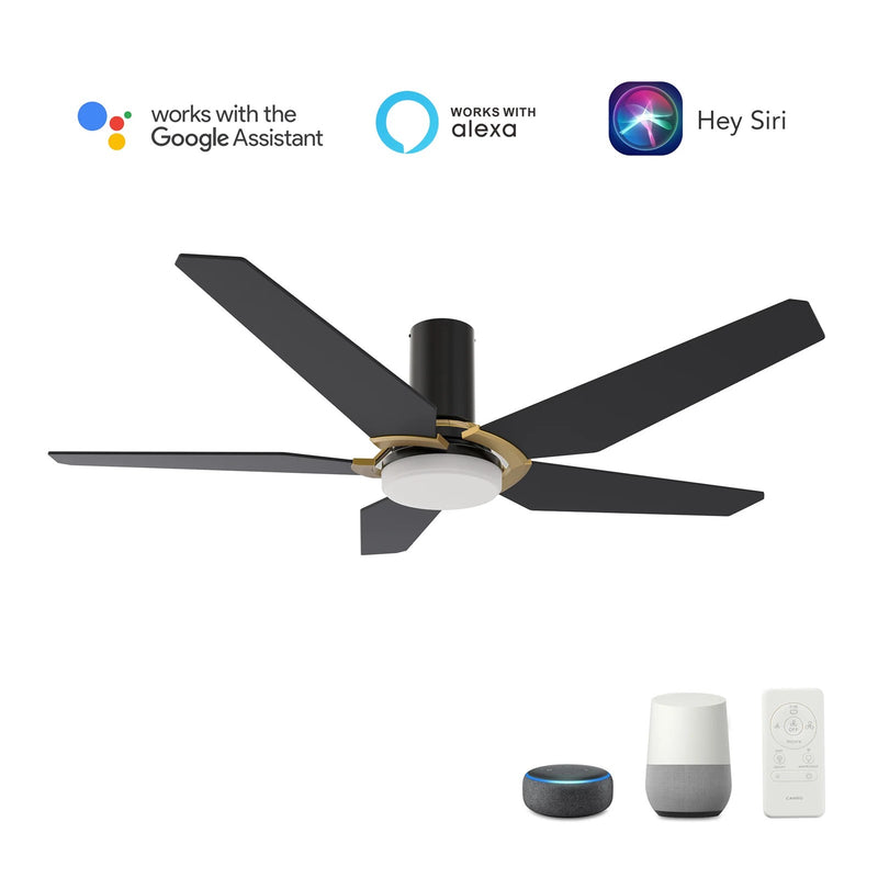 Carro Kaj 52in 5-Blade Flush Mount Smart Ceiling Fan | Black Gold Plywood Blades and Glass Shade | Living Room & Covered | Model SFR525B-L22-B2-1G-FM