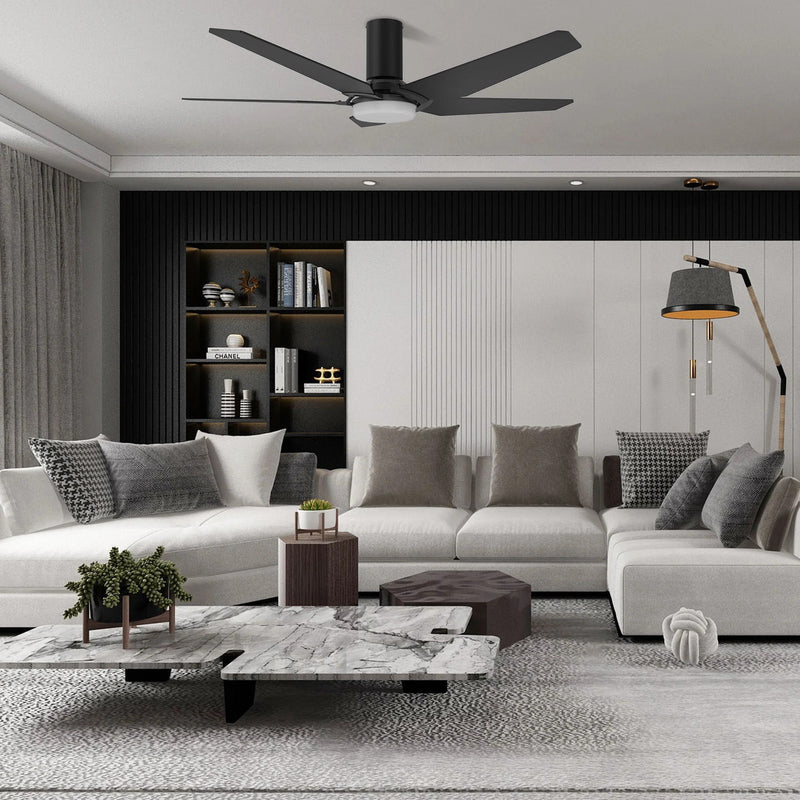 Carro Kaj 52in 5-Blade Flush Mount Smart Ceiling Fan | Black Walnut Plywood Blades and Glass Shade | Living Room & Covered | Model SFR525B-L22-B5-1-FM