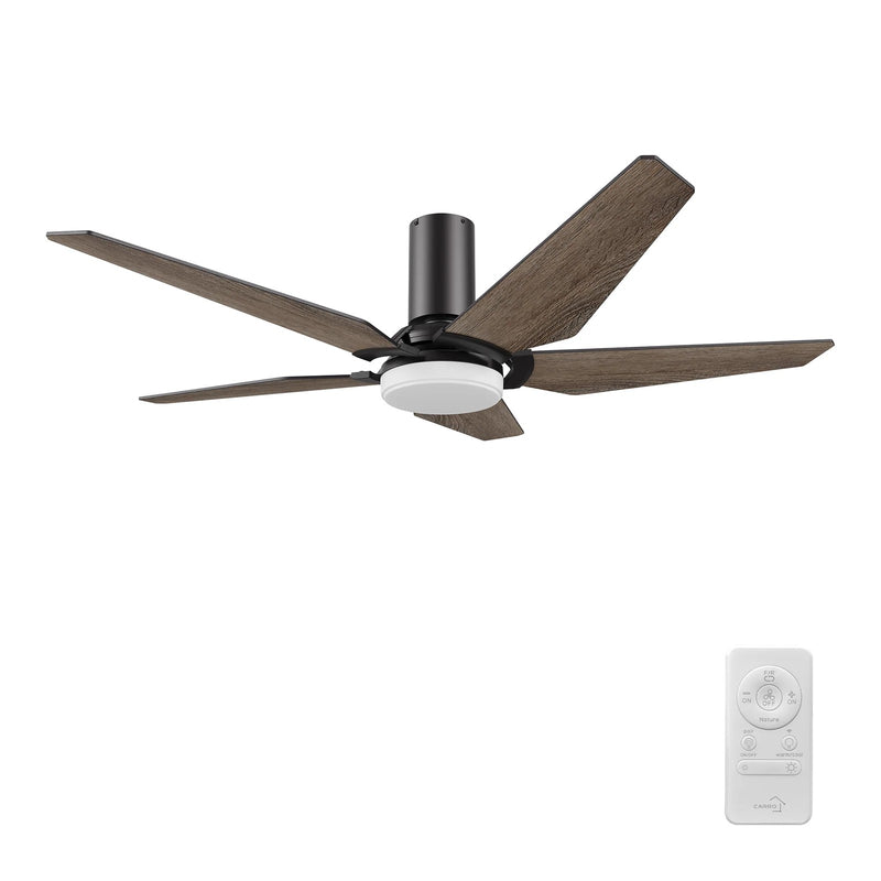 Carro Kaj 52in 5-Blade Flush Ceiling Fan | Modern Black Barnwood Plywood and Glass | Living Room & Covered Patio | 52 x 52 x | Model SFR525B-L22-BS-1-FM