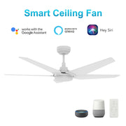 Carro Kaj 52in 5-Blade Smart Ceiling Fan | Modern White Plywood and Glass | Living Room & Covered Patio | 52 x 52 x 13.7 in, Damp | Model SFR525B-L22-W1-1