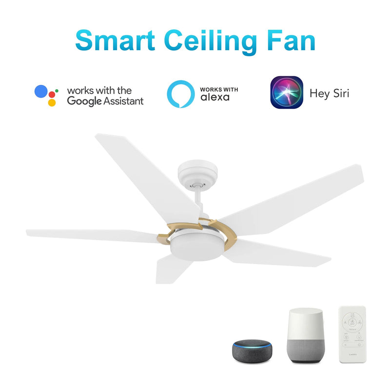 Carro Kaj 52in 5-Blade Smart Ceiling Fan | Modern White Gold Plywood and Glass | Living Room & Covered Patio | 52 x 52 x 13.7 | Model SFR525B-L22-W1-1G