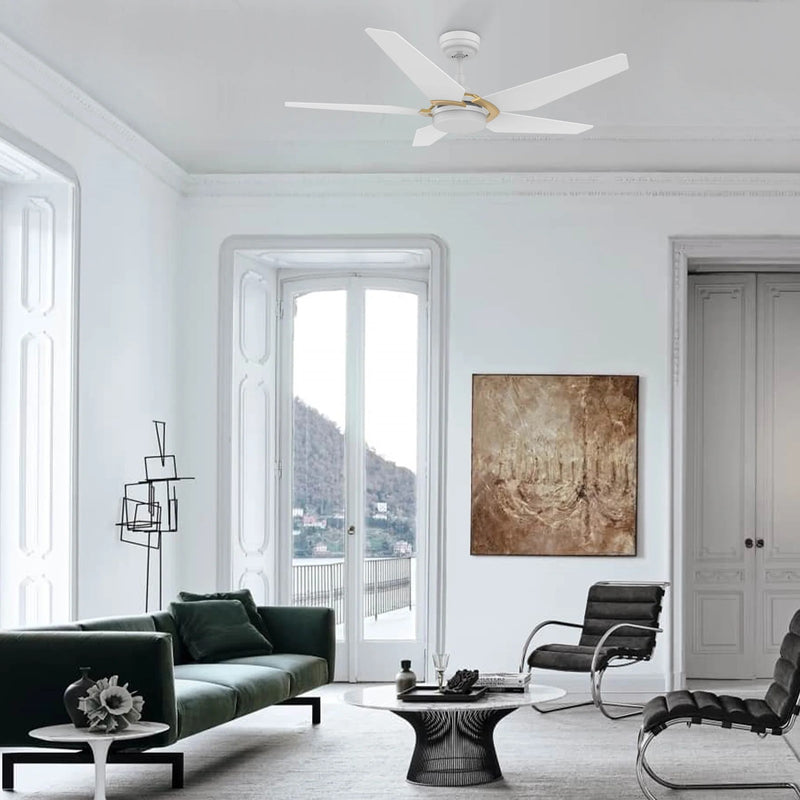 Carro Kaj 52in 5-Blade Smart Ceiling Fan | Modern White Gold Plywood and Glass | Living Room & Covered Patio | 52 x 52 x 13.7 | Model SFR525B-L22-W1-1G