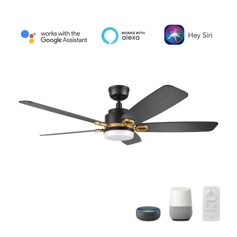 Carro Peyton 52in 5-Blade Smart Ceiling Fan | Modern Black Gold and Plywood Blades | Living Room & Covered Patio | 52 x 52 x | Model SFR525B4-L12-B2-1G