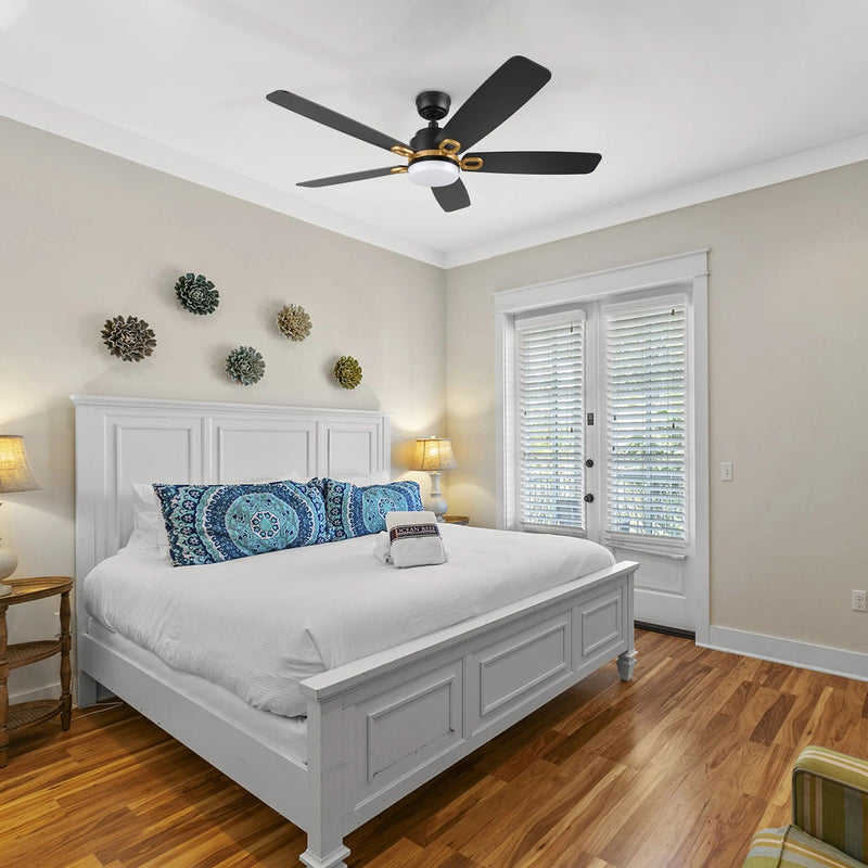 Carro Peyton 52in 5-Blade Smart Ceiling Fan | Modern Black Gold and Plywood Blades | Living Room & Covered Patio | 52 x 52 x | Model SFR525B4-L12-B2-1G