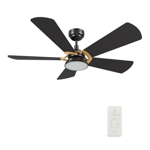 Carro Savili 52in 5-Blade Smart Ceiling Fan | Modern Black and Plywood Blades | Living Room & Covered Patio | 52 x 52 x 14.5 in | Model SFR525B6-L12-B2-1G