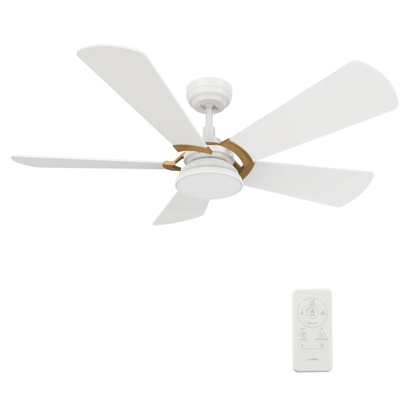 Carro Savili 52in 5-Blade Smart Ceiling Fan | Modern White and Plywood Blades | Living Room & Covered Patio | 52 x 52 x 14.5 in | Model SFR525B6-L12-W1-1G