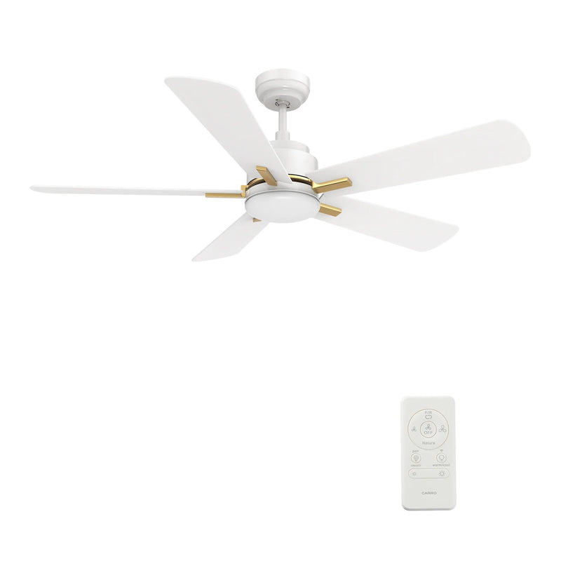 Carro Olinda 52in 5-Blade Smart Ceiling Fan | Modern White Gold and Plywood | Living Room & Covered Patio | 52 x 52 x 14.4 in | Model SFR525E3-L12-W1-1G