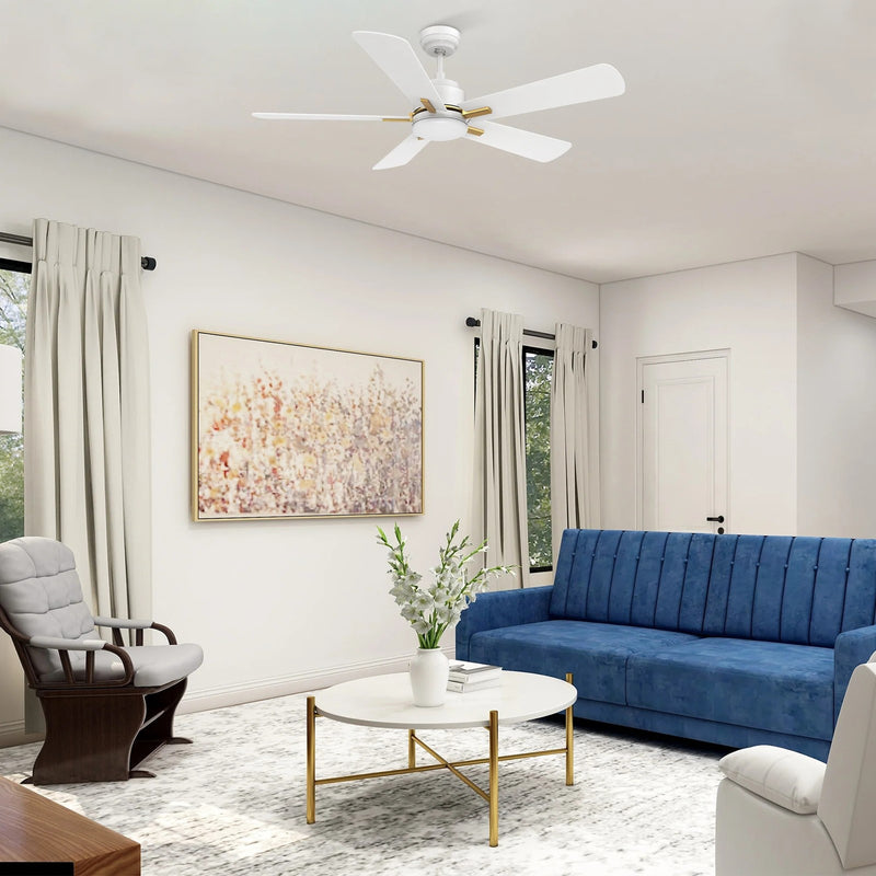 Carro Olinda 52in 5-Blade Smart Ceiling Fan | Modern White Gold and Plywood | Living Room & Covered Patio | 52 x 52 x 14.4 in | Model SFR525E3-L12-W1-1G