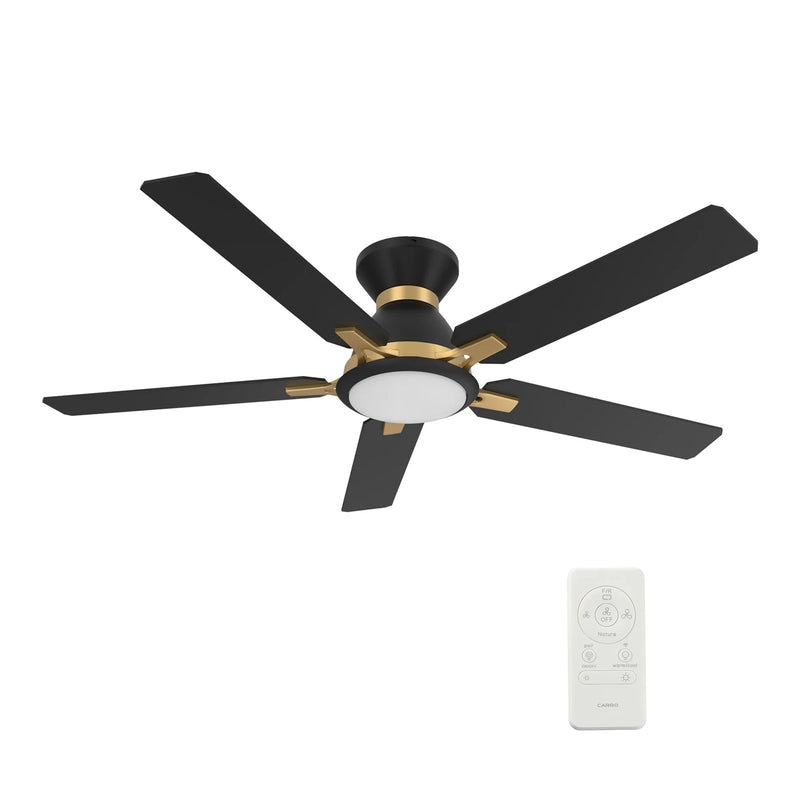 Carro Espear 52in 5-Blade Flush Ceiling Fan | Modern Black/Gold and Plywood with Glass Shade | Large Living Room & Covered | Model SFR525J-L12-B2-1G-FMA