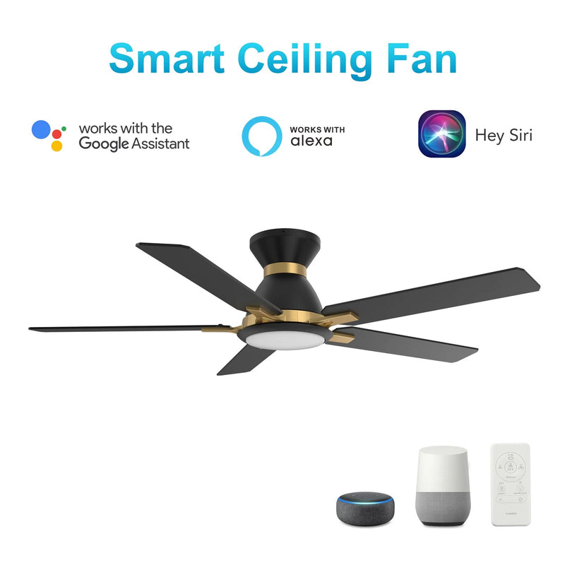 Carro Espear 52in 5-Blade Flush Ceiling Fan | Modern Black/Gold and Plywood with Glass Shade | Large Living Room & Covered | Model SFR525J-L12-B2-1G-FMA