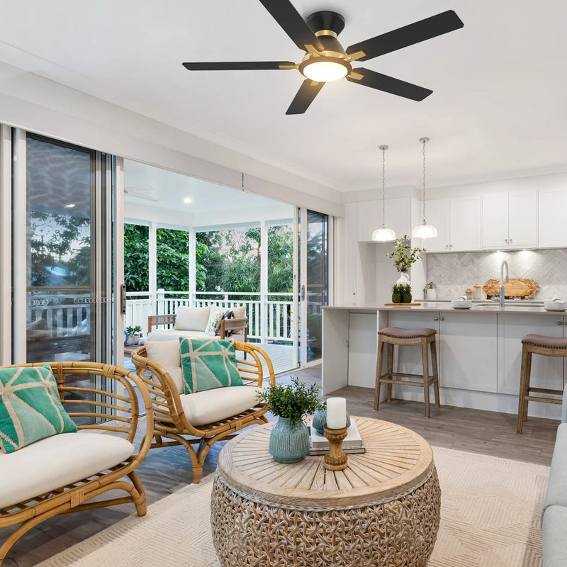 Carro Espear 52in 5-Blade Flush Ceiling Fan | Modern Black/Gold and Plywood with Glass Shade | Large Living Room & Covered | Model SFR525J-L12-B2-1G-FMA