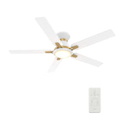 Carro Espear 52in Flush Ceiling Fan | Modern White and Gold Plywood Blades | Living Room & Covered Patio | 52 x 52 x 11 in | Model SFR525J-L12-W1-1G-FMA