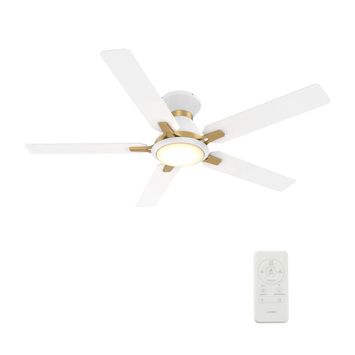 Carro Espear 52in Flush Ceiling Fan | Modern White and Gold Plywood Blades | Living Room & Covered Patio | 52 x 52 x 11 in | Model SFR525J-L12-W1-1G-FMA