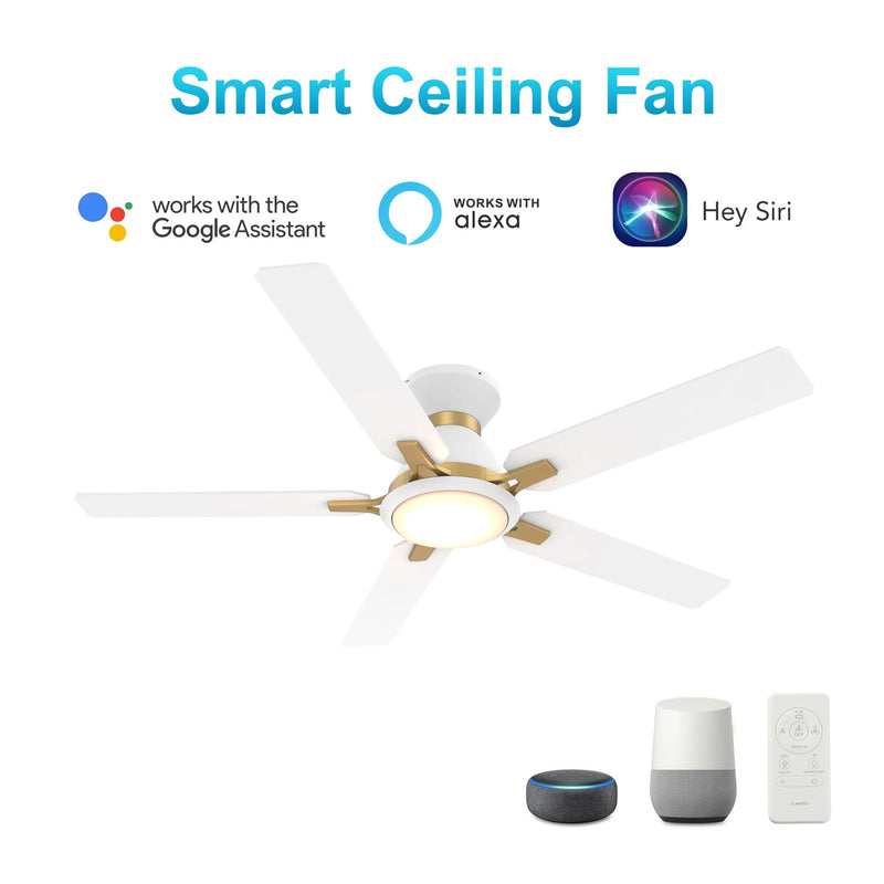 Carro Espear 52in Flush Ceiling Fan | Modern White and Gold Plywood Blades | Living Room & Covered Patio | 52 x 52 x 11 in | Model SFR525J-L12-W1-1G-FMA