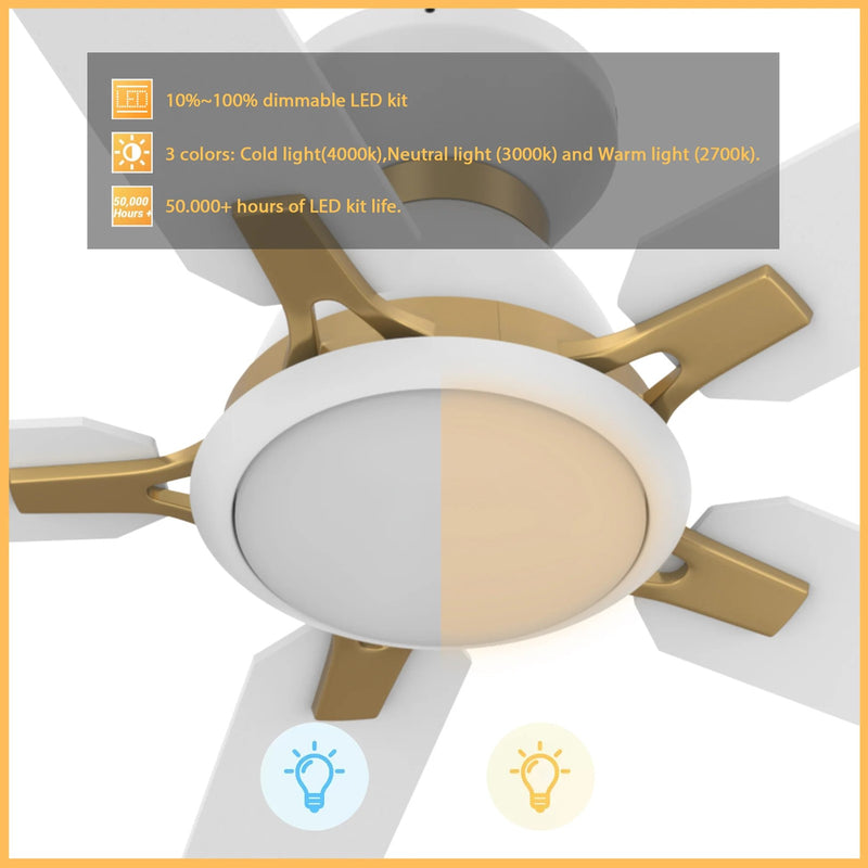 Carro Espear 52in Flush Ceiling Fan | Modern White and Gold Plywood Blades | Living Room & Covered Patio | 52 x 52 x 11 in | Model SFR525J-L12-W1-1G-FMA