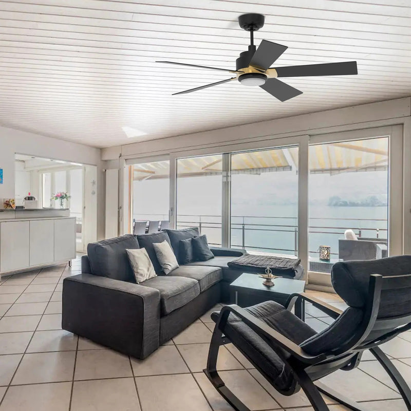 Carro Ascender 52in 5-Blade Smart Ceiling Fan | Modern Black Gold and Plywood | Living Room & Covered Patio | 52 x 52 x 14.7 in | Model SFR525J1-L11-B2-1G