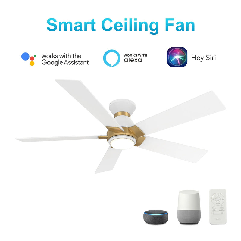 Carro Ascender 52in 5-Blade Flush Mount Smart Ceiling Fan | Modern White/Gold Plywood Blades | Living Room & Covered Patio | Model SFR525J1-L11-W1-1G-FMA