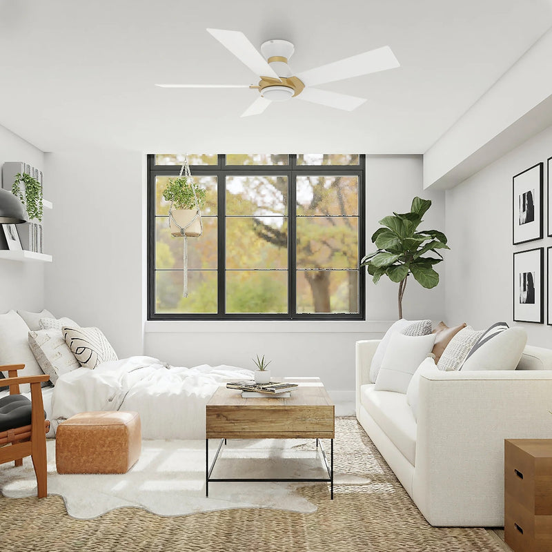 Carro Ascender 52in 5-Blade Flush Mount Smart Ceiling Fan | Modern White/Gold Plywood Blades | Living Room & Covered Patio | Model SFR525J1-L11-W1-1G-FMA