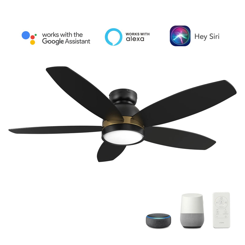 Carro Fremont 52in Flush Ceiling Fan | Modern Black Gold Plywood Blades | Living Room & Covered Patio | 52 x 52 x 11.2 in | Model SFR525Q5-L12-B2-1-FMA