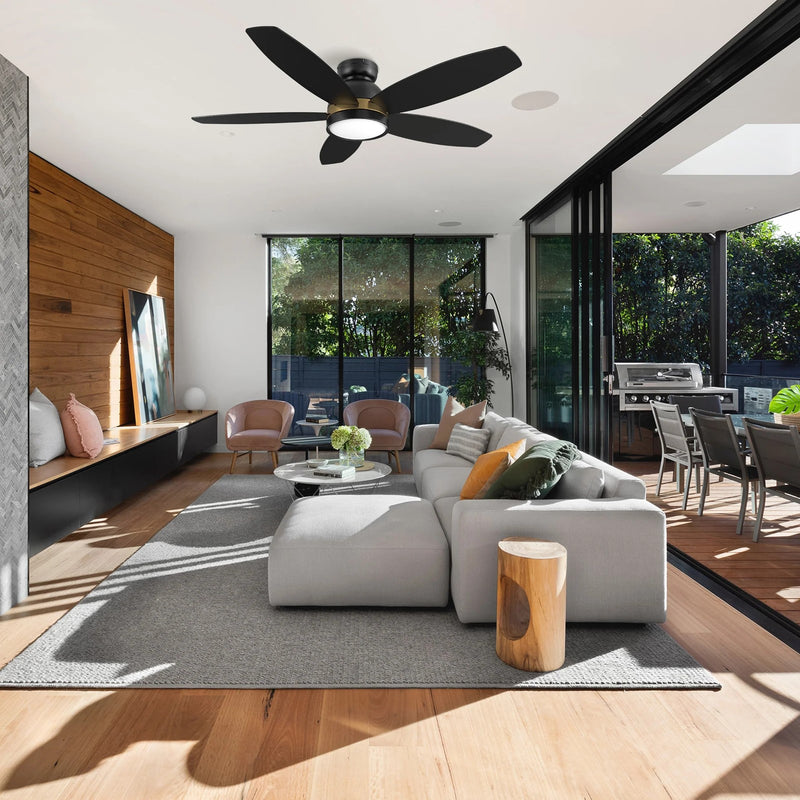 Carro Fremont 52in Flush Ceiling Fan | Modern Black Gold Plywood Blades | Living Room & Covered Patio | 52 x 52 x 11.2 in | Model SFR525Q5-L12-B2-1-FMA
