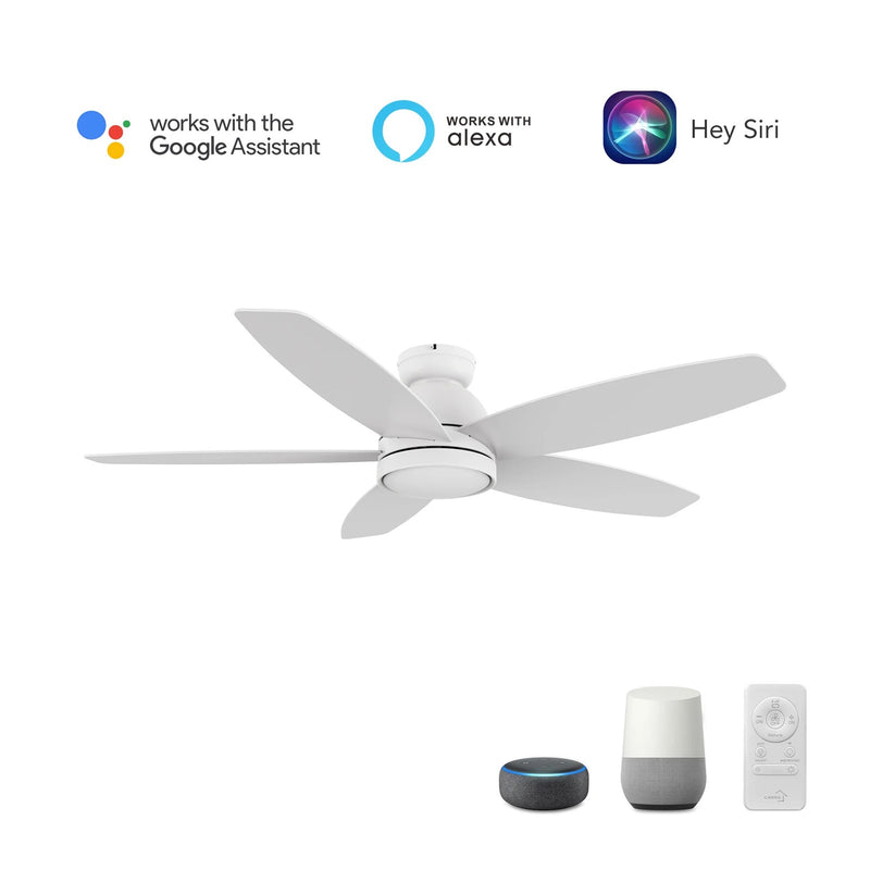 Carro Fremont 52in Flush Ceiling Fan | Modern White Plywood Blades | Living Room & Covered Patio | 52 x 52 x 11.2 in | Model SFR525Q5-L12-W1-1-FM