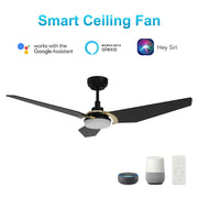 Carro Kaj 56in Smart Ceiling Fan | Modern Black Gold and Plywood Blades | Living Room & Covered Patio | 56 x 56 x 13.4 in | Model SFR563B-L12-B2-1G