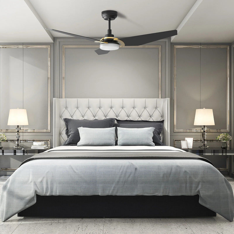Carro Kaj 56in Smart Ceiling Fan | Modern Black Gold and Plywood Blades | Living Room & Covered Patio | 56 x 56 x 13.4 in | Model SFR563B-L12-B2-1G