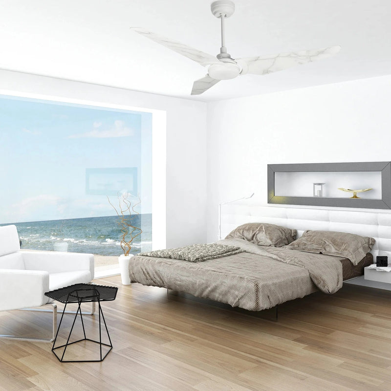 Carro Kaj 56in Smart Ceiling Fan | White Marble Plywood Blades | Living Room & Covered Patio | 56 x 56 x 13.4 in, 4000K LED, DC | Model SFR563B-L12-W7-1