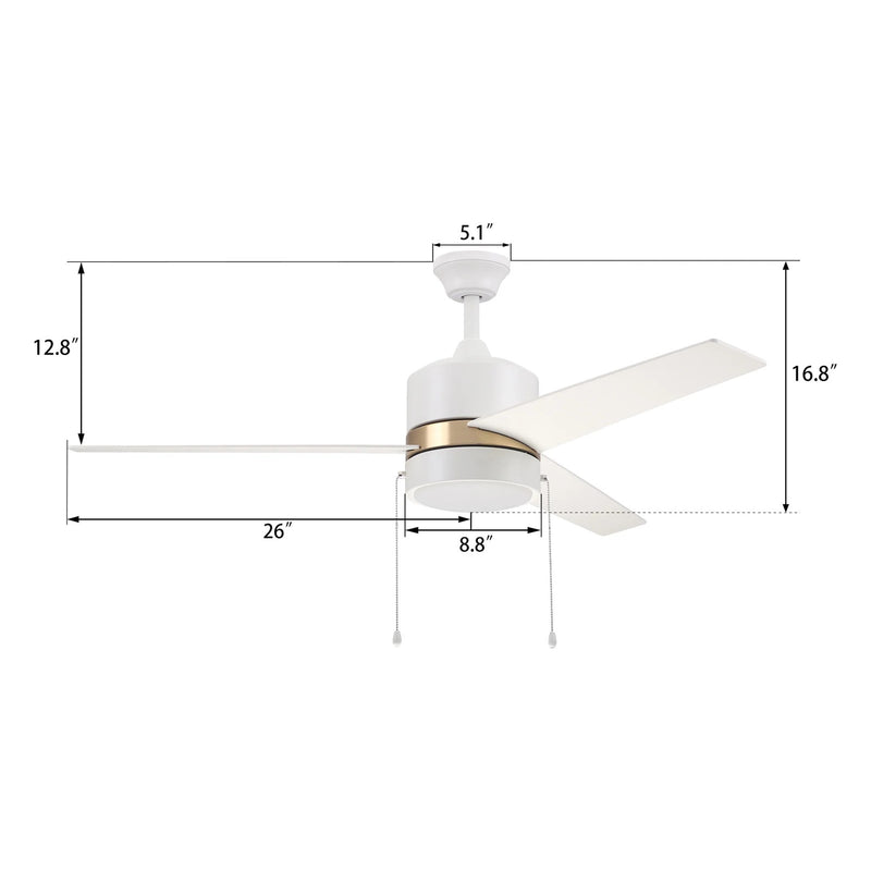 Carro Flint 52in 3-Blade Ceiling Fan with LED | White/Gold Plywood Blades and Integrated 3000K Light | Living Room & Bedroom | Model VWGA-523A5-L12-W1-1G