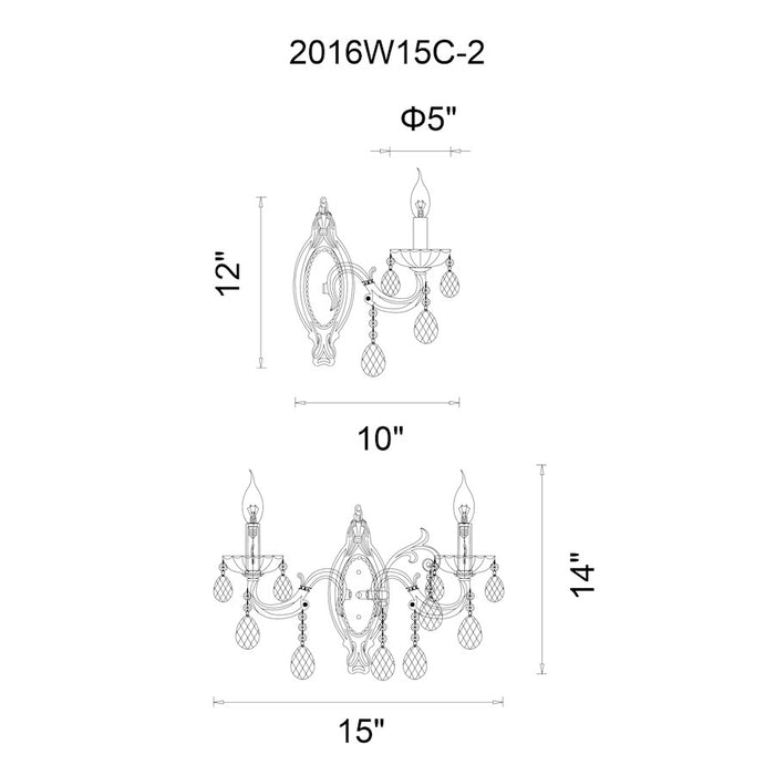 CWI Lighting Flawless 15" 2 Light Wall Light, Chrome