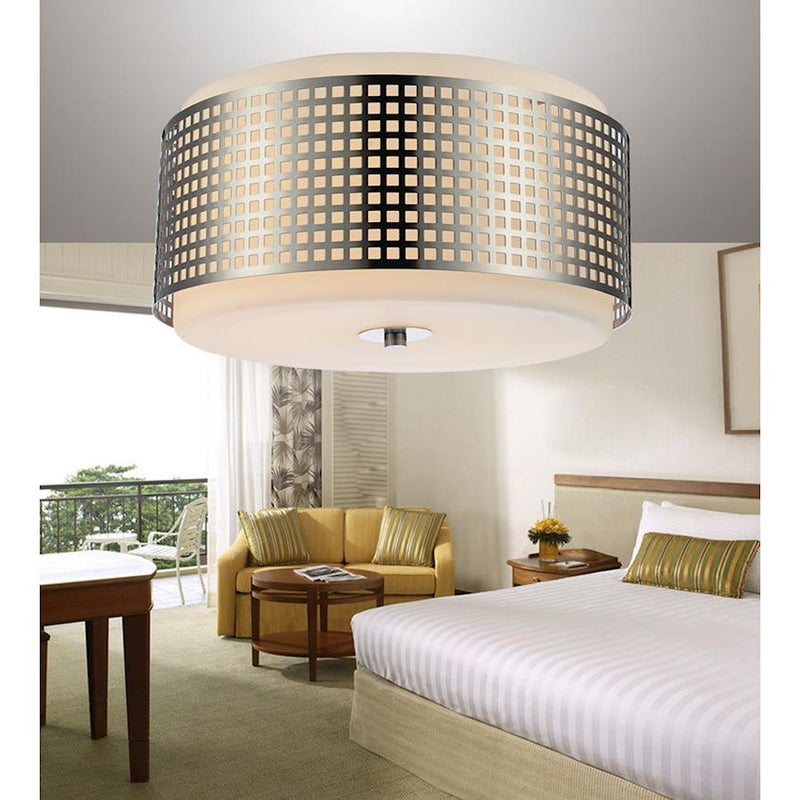 CWI Checkered 2 Light Drum Shade Flush Mount, Satin Nickel/Frosted
